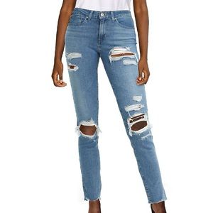 Levi’s 721 High Rise Skinny raw hem blue wash distressed sz 26 EUC